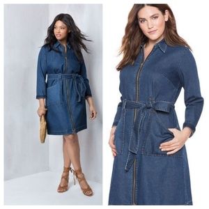 Eloquii Zip Front Denim Dress w/Tie